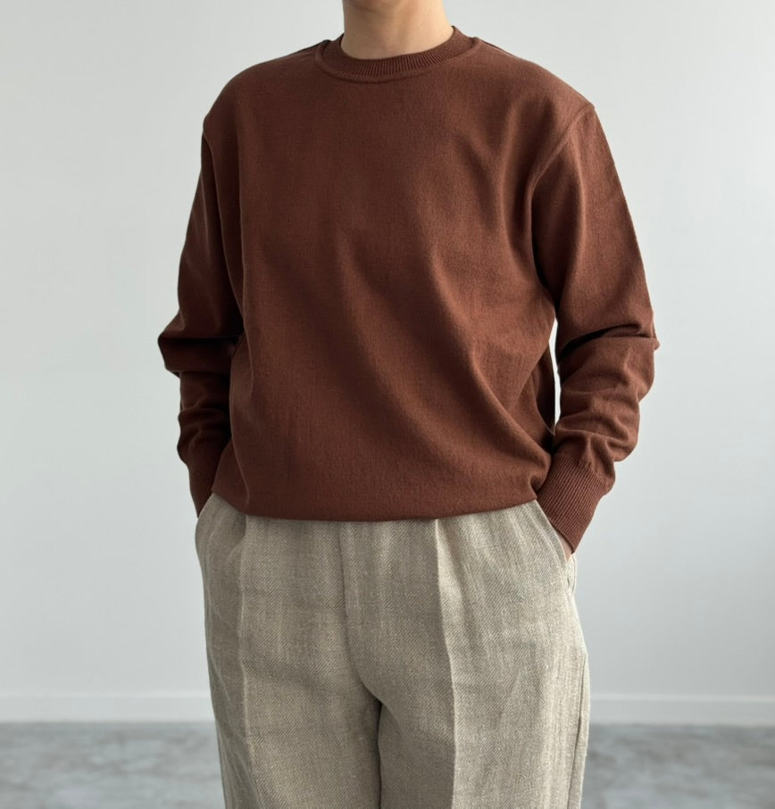WAVE COTTON KNIT PULLOVER Yonetomi  BROWN 米富繊維　ニット　通販　取扱店　着画　brown アップ