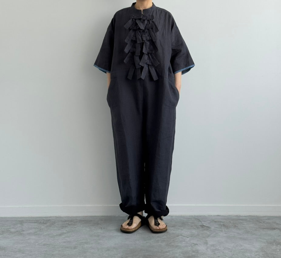 RIBBON OVERALLS リボンオーバーオール　BUNON ブノン　通販　取扱店 charcoal 着画　正面
